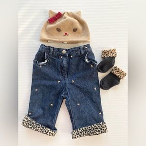 Gymboree Glamour Kitty Used Jeans & Socks with NWT hat 6-12 months